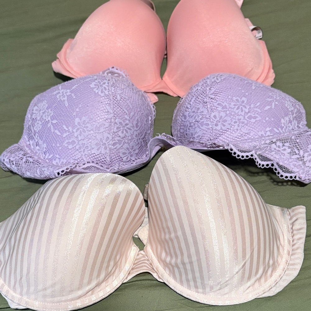 Victoria's Secret Striped and Lace Bra Trio - Pink, Lavender, Cream
